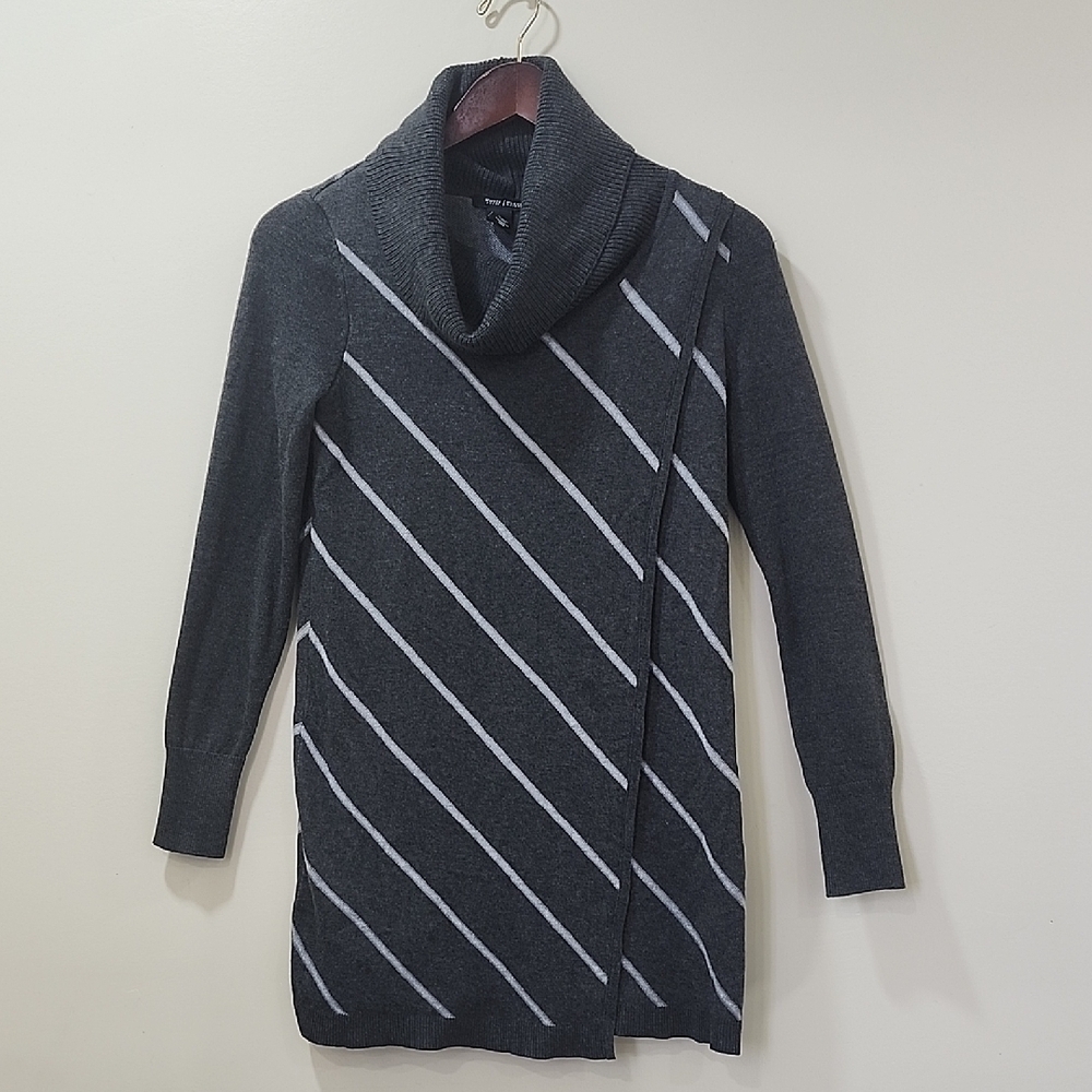 Cozy Charcoal and Light Gray Striped Cowl Neck Sweater